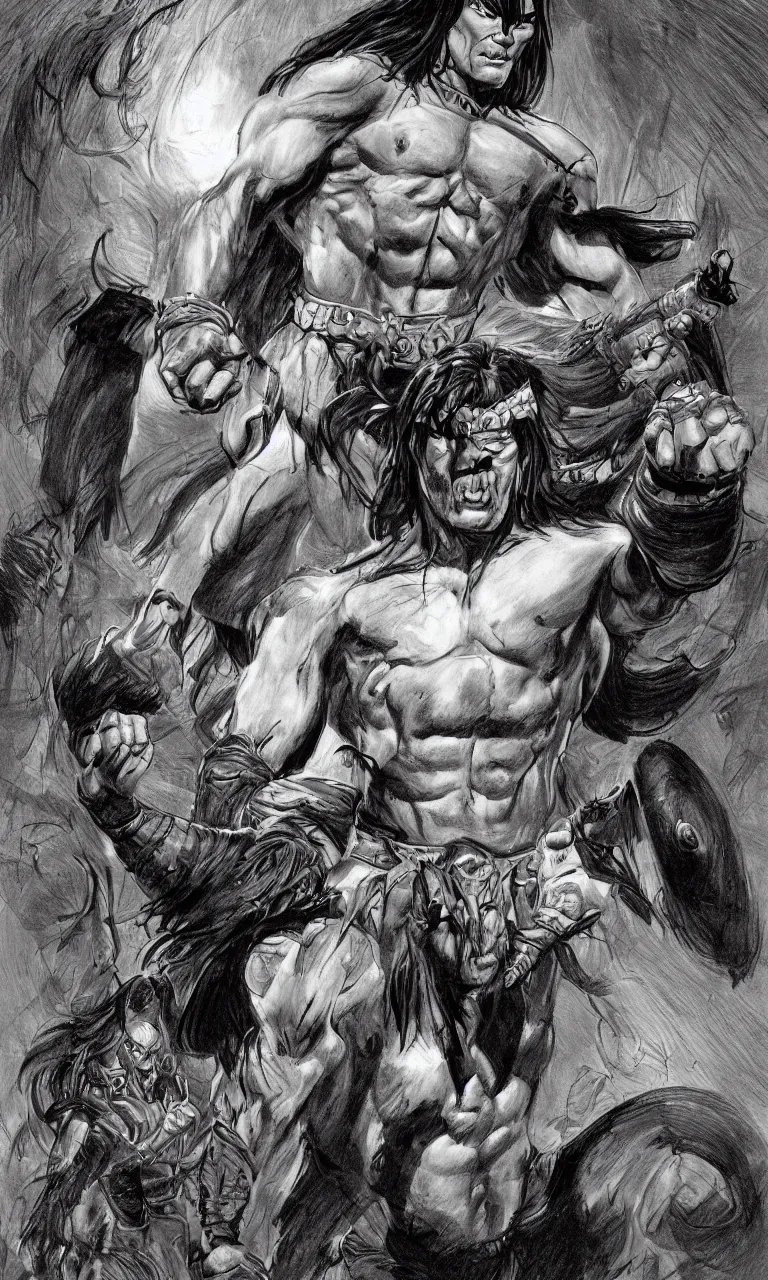 Image similar to digital detailed pianting drawing of conan by simon bisley and john buscema, unreal engine 5