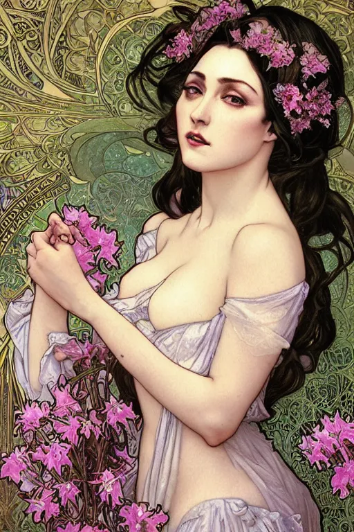 Prompt: Art Nouveau Queen of Azaleas, sexy Victorian woman, realistic detailed face portrait of Madonna by Alphonse Mucha, Ayami Kojima, Amano, Charlie Bowater, Karol Bak, Greg Hildebrandt, Jean Delville, and Mark Brooks, Art Nouveau, Neo-Gothic, gothic, rich deep moody colors, full body portrait