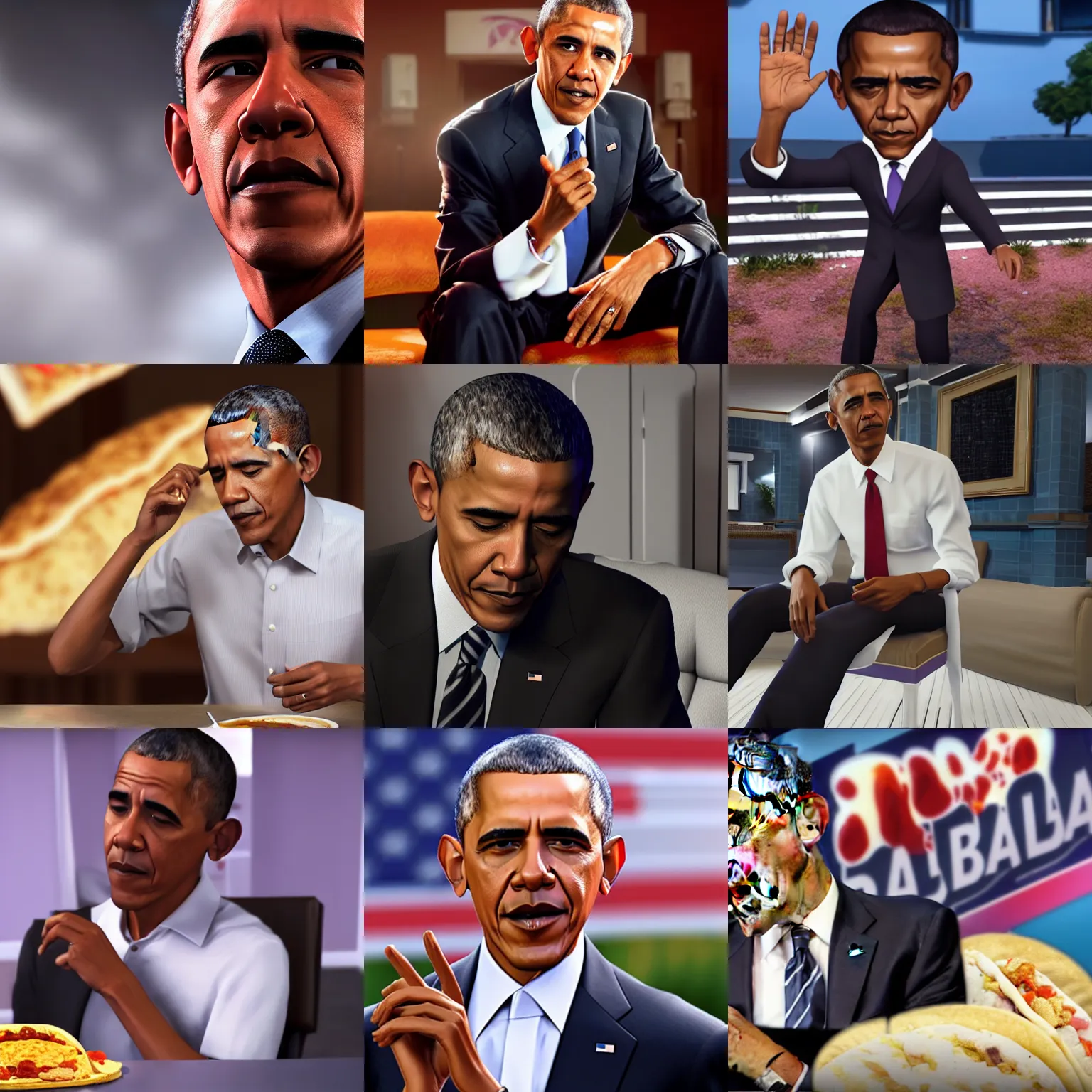 Prompt: barack obama having stomach problems because he ate at taco bell, stunning, 4 k uhd, 3 d, unreal engine, dlss, rtx