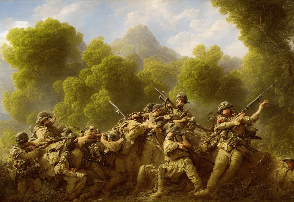 Image similar to afghanistan war by jean honore fragonard, green jungle, helicopters, battlefield, tanks