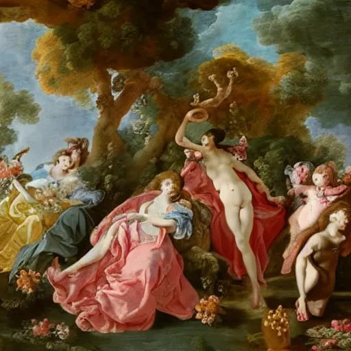 Prompt: colorful oasis in the style and the language of Rococo, reimagining the dynamism of works by eighteenth-century artists such as Giovanni Battista Tiepolo, François Boucher, Nicolas Lancret and Jean-Antoine Watteau through a filter of contemporary cultural references including film, food and consumerism