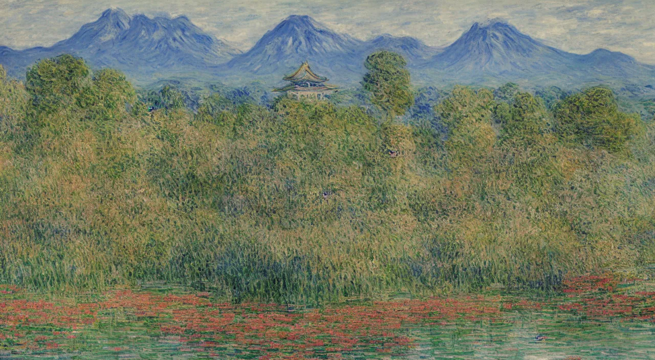 Image similar to a Japanese castle, with a garden as foreground, with mountains as background, by Claude Monet