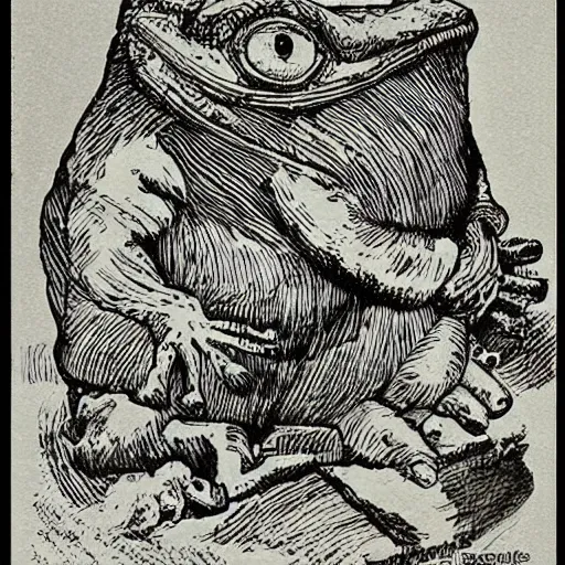 Image similar to julenisse, lavenisse, pepe the frog, by theodor severin kittelsen, kjell aukrust, ink drawing, dip pen