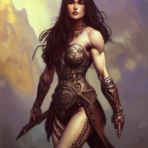 Image similar to full body portrait of sasha grey, muscular, upper body,big chest, amazon warrior, fantasy, intricate, elegant, highly detailed, digital painting, artstation, concept art, matte, sharp focus, illustration, art by Artgerm and Greg Rutkowski and Alphonse Mucha