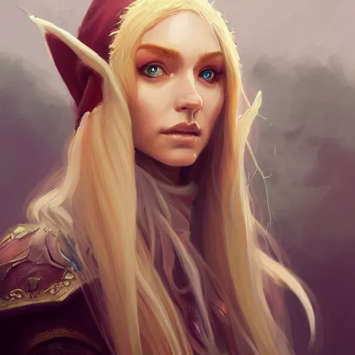 Prompt: a head - on detailed oil portrait of a distinguished elf woman wearing a white hood, long curly blonde hairs and bright irises, by charlie bowater, lise deharme, wlop, trending on artstation, dungeon and dragons art, l critical role