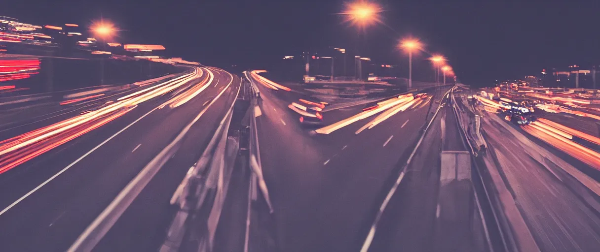 Image similar to nighttime on a Highway, Closeup of a man and a woman hugging, the cars are rushing past them. they are illuminated by the lights, kodak portra, grainy, triadic color scheme