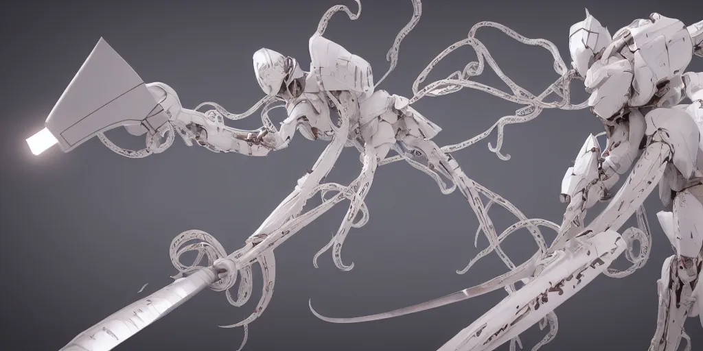 Image similar to 3d render of a white guardian from sidonia no kishi with a kabizashi lance in melee combat with a horrifying tentacles monster in empty stellar space, 150mm, white metallic, wires, microchip, japanese mecha style, highly detailed, white robot, rim light, flashy red lights, tsutomu nihei style