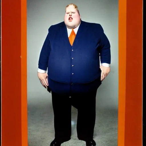 Image similar to photograph of a tall, angry, slightly obese man in his mid 7 0's, with blonde hair and an orange face, wearing a dark blue suit, a white shirt, and a red tie