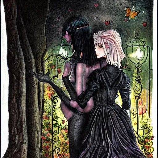 Image similar to blond butch tomboy woman, side by side, taller goth black - haired dark fae woman, in love, romantic in romantic garden at night, mike mignogna, illustration, pen and ink, oil painting, highly detailed, sci fi, dreamy and romantic