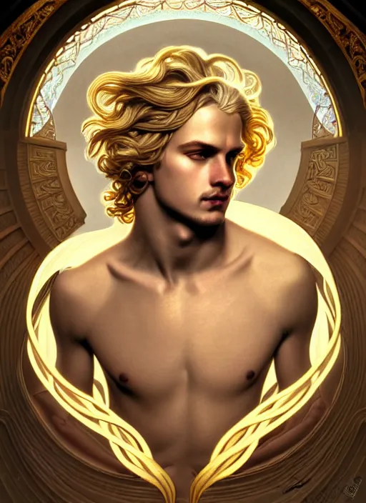 Image similar to portrait of smirking young god apollo, wavy blond hair, bright halo, glowing eyes, volumetric lights, platinum gold scheme, art nouveau botanicals, gothic, intricate, highly detailed, digital painting, artstation, concept art, smooth, sharp focus, symmetric face, illustration, steampunk, art by artgerm and greg rutkowski and alphonse mucha