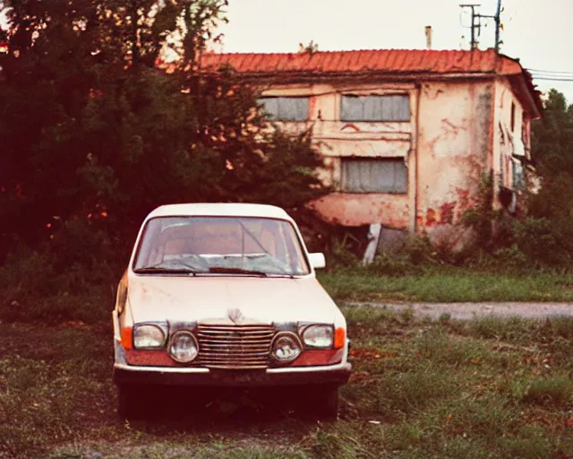 Image similar to a lomographic photo of old lada 2 1 0 7 standing in typical soviet yard in small town, hrushevka on background, cinestill, bokeh