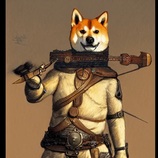 Image similar to anthropomorphic shiba inu, holding medieval crossbow aiming directly to camera, medieval armor, dark aura, fantasy, dark graveyard scene, portrait art by donato giancola and greg rutkowski, realistic face, digital art, trending on artstation, symmetry