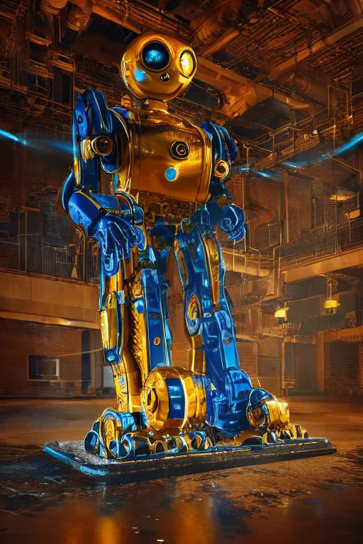 Prompt: portrait photo of a giant huge golden and blue metal humanoid steampunk robot cleaner robot, with gears and tubes, on the floor are mop and bucket, eyes are glowing red lightbulbs, shiny crisp finish, 3 d render, 8 k, insaneley detailed, fluorescent colors, background is multicolored lasershow