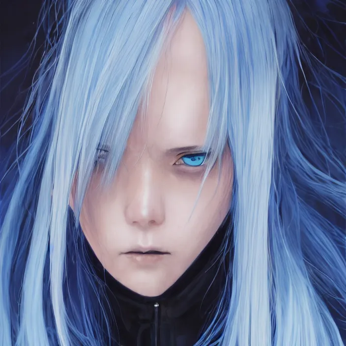 Image similar to full face shot of rimuru tempest, sky blue straight hair, long bangs, with amber eyes, wearing a black jacket, high collar, ultra detailed, concept art, award winning photography, digital painting, cinematic, wlop artstation, closeup, pixiv, evil, yoshitaka amano, andy warhol, ilya kuvshinov,