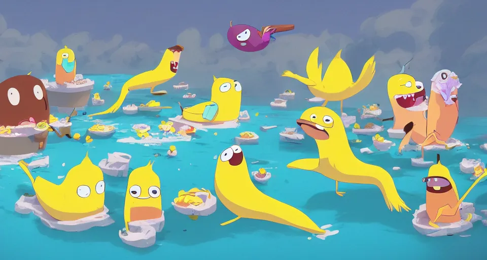 Image similar to cartoon banana birds swimming in ice cream in the style of adventure time, the amazing world of gumball, pixar, toki doki, greg rutkowski and makoto shinkai, trending on artstation