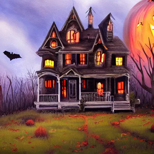 Prompt: A painting of a haunted house with Halloween decorations, Trending on artstation.