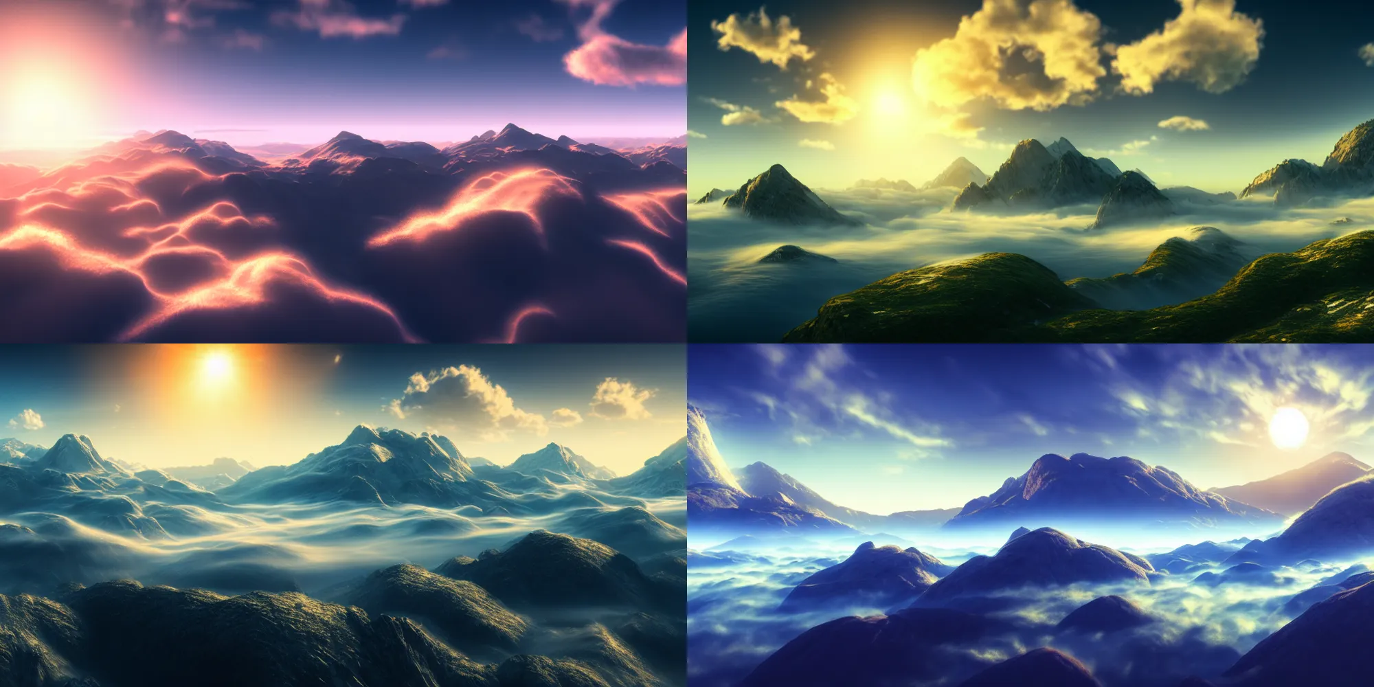 Prompt: highly detailed photo of dreamy mountains and sea of clouds, sunlit sky, hyper realistic, concept art, 8 k detail post - processing