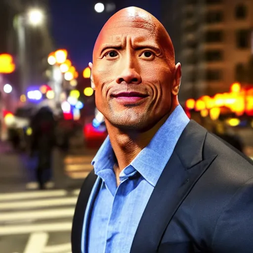 Image similar to Dwayne Johnson on the street in the night, bright lighting, high quality, ultra detailed , full body