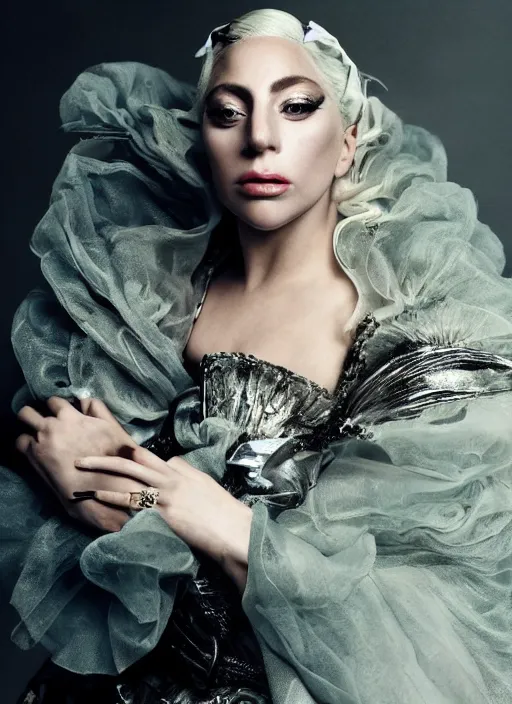 Image similar to lady gaga styled by nick knight posing renaissance style, vogue magazine, highly realistic. high resolution. highly detailed. dramatic. 8 k. 4 k.