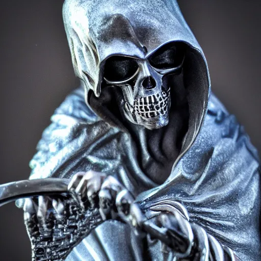 Image similar to grim reaper holding a fantast jewel encrusted scythe, highly detailed, 4k, HDR, smooth, sharp focus, hyper realistic, high resolution