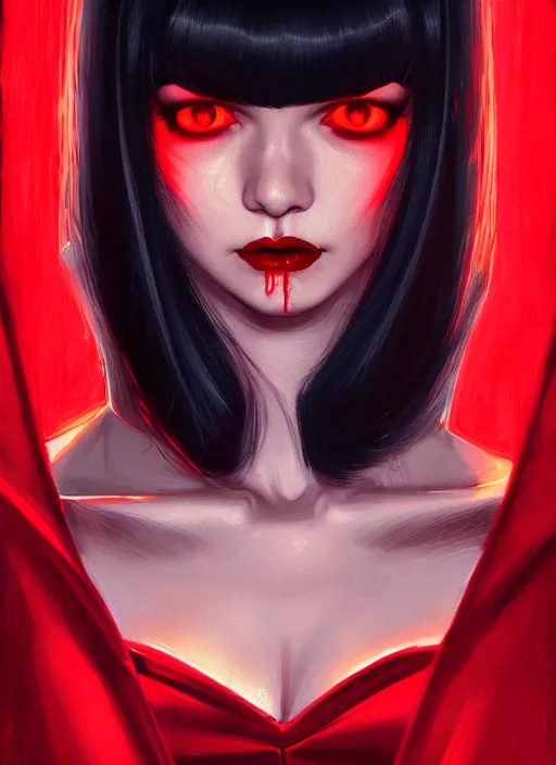 Image similar to portrait of vampire veronica lodge with bangs, vampire fangs, vampire, long hair, red clothes, bangs, vampironica, intricate, elegant, glowing lights, highly detailed, digital painting, artstation, concept art, smooth, sharp focus, illustration, art by wlop, mars ravelo and greg rutkowski