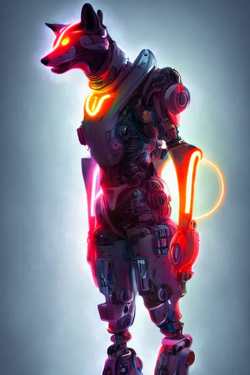 Prompt: stunning digital art of a cybernetic anthropomorphic fox wearing full-body neon armor, cyberpunk, incredible lighting, trending on ArtStation