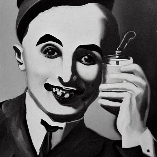 Prompt: an impasto oil painting from the 1 9 3 0 s of charlie chaplin!! holding a class of water, 5 0 mm black and white photography, high detail, 4 k resolution