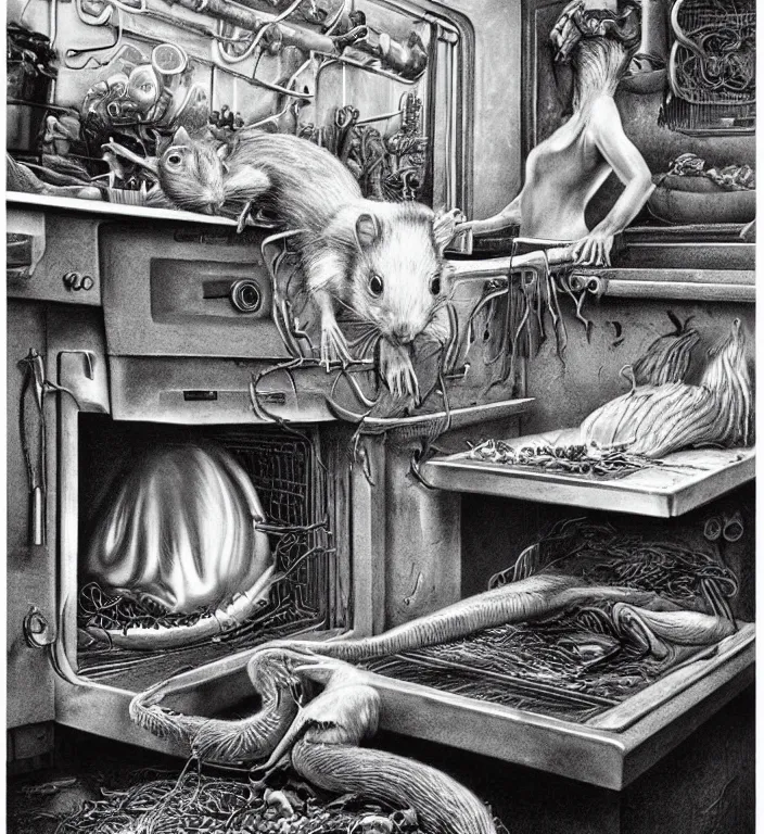 Prompt: black and white photo of a beauty woman puts a big rat in the oven 90s by Laurie Lipton, high detailed, realistic,dark surrealism, hyper detailed