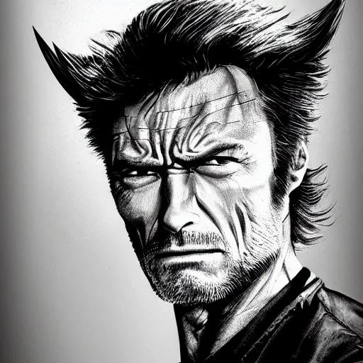 Prompt: Clint Eastwood as Wolverine, metal claw out, X-men angry face, hyper realistic, portrait, high detail skin