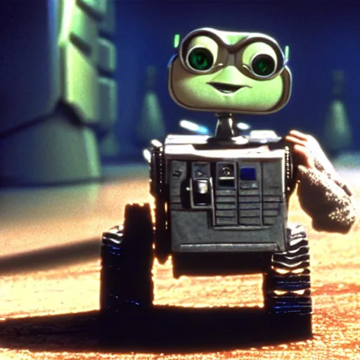 Image similar to wall - e playing the role of yoda in star wars 1 9 8 0