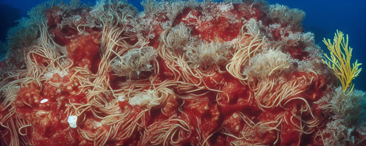 Image similar to spaghetti growing underwater in a corral reef, sigma 1 0 0 mm, in the style jacques cousteau, kodachrome