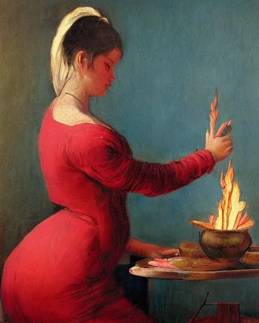 Prompt: by 1 9 th century famous painter, hands, nail polish, with fire, realism, realistic, oil painting, red wallpaper background