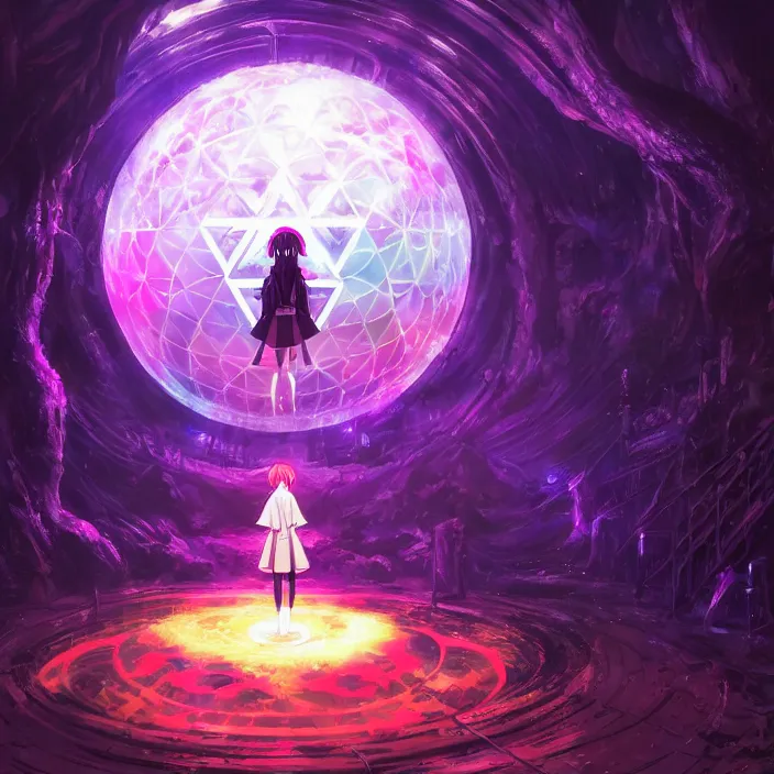 Image similar to Albedo from overlord, mamimi samejima, psychedelic background, epcot, inside a space station, eye of providence, female anime character, Lain, uwu, uwu, Luminism, Tomas Sanchez, surrealism, Simon Stålenhag, Ruan Jia, uwu Hi-Fructose, Artstation, HD, HDR, High Resolution, technological rings, giygas