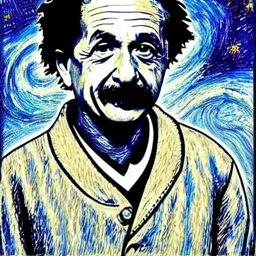 Prompt: albert einstein self portrait in the style of starry night