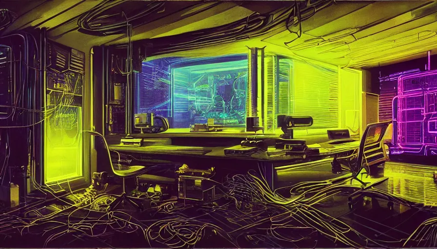 Prompt: A highly detailed rendering of a Cyberpunk hackers bedroom which has sophisticated hi-tech holographic wall boards and screens surrounded by messy cables, soft neon yellow lighting, reflective surfaces, sci-fi concept art, by Syd Mead, by H.R.Giger, highly detailed, oil on canvas