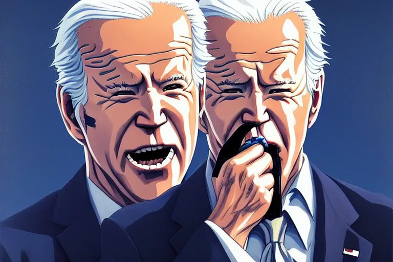 Image similar to anime key visual of joe biden eating all of the carbon credits, style of jamie wyeth james gilleard edward hopper greg rutkowski acrylic painting, preserved museum piece, historical