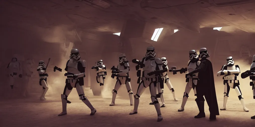 Prompt: Darth vader and stormtroopers standing in a cantina in Mos Eisley, octane, hd, 8k, rich deep moody colors, dramatic lighting