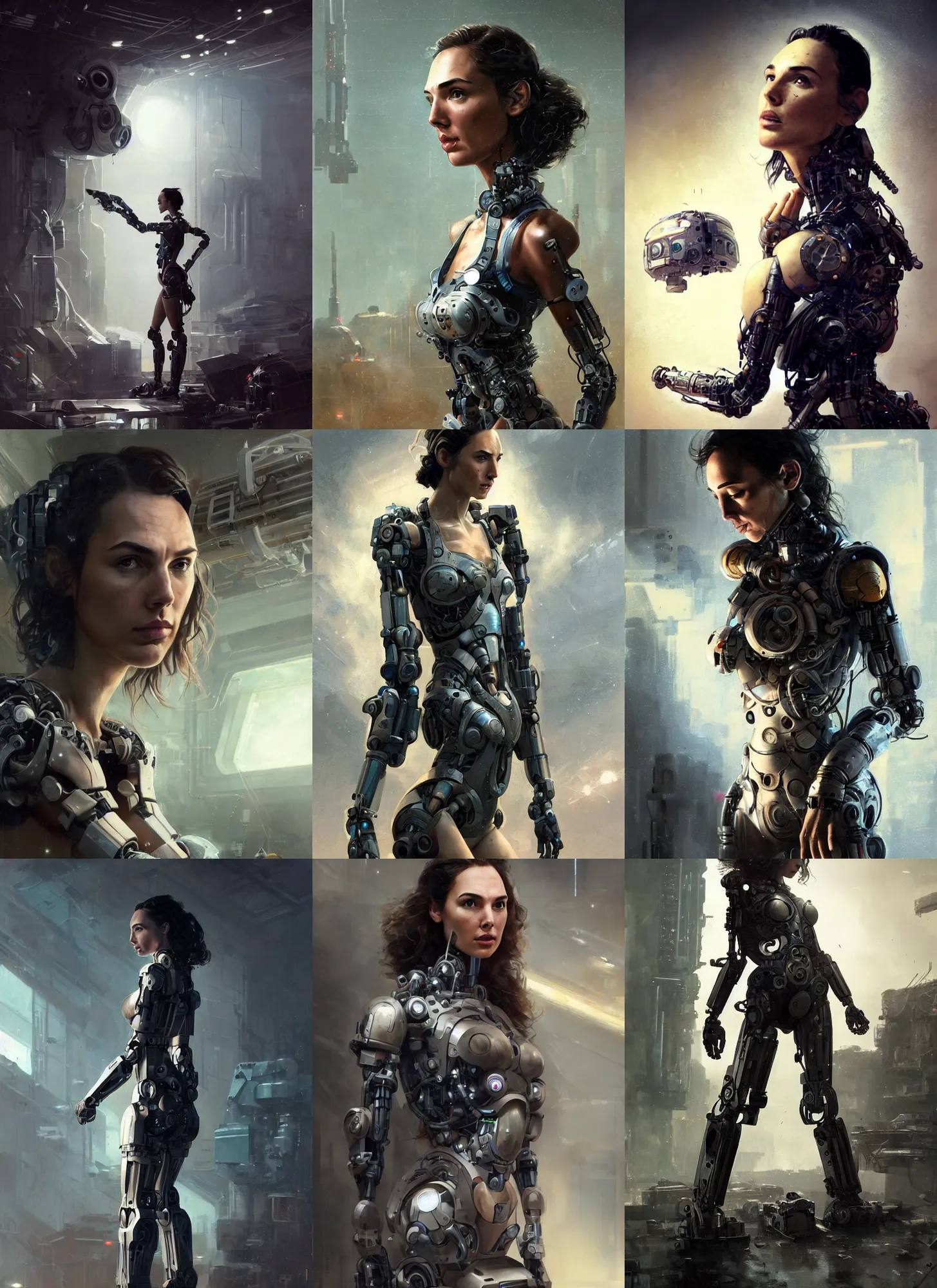 Prompt: a rugged engineer barefoot gal gadot girl with cybernetic enhancements working assembling a satellite, smooth skin, scifi character portrait by greg rutkowski, esuthio, craig mullins, 1 / 4 headshot, cinematic lighting, dystopian scifi gear, gloomy, profile picture, mechanical, half robot, implants, steampunk