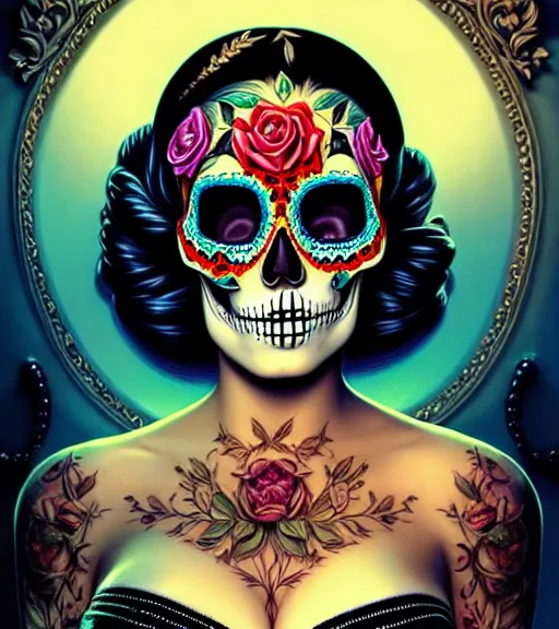 Prompt: a beautiful fancy skull lady by dan mumford and gil elvgren, sugar skull, hyperrealism, intricate details, fool