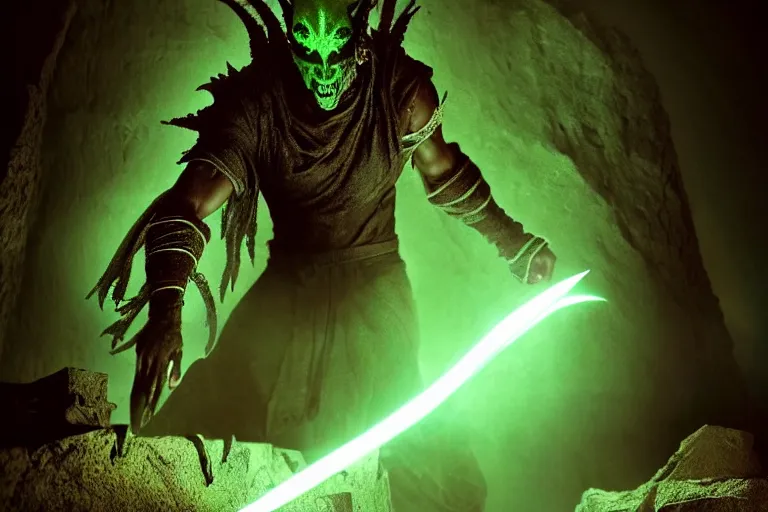 Image similar to vfx film, soul reaver, raziel irl, price of persia movie, missing jaw, hero pose, devouring magic souls, glowing green soul blade, in epic ancient sacred huge cave temple, flat color profile low - key lighting award winning photography arri alexa cinematography, hyper real photorealistic cinematic beautiful, atmospheric cool colorgrade