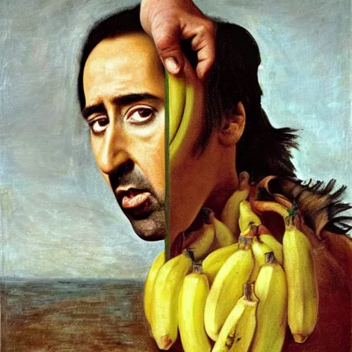 Image similar to highly detailed oil painting of nicolas cage in a banana, 4 k, in the style of caravaggio, monet, botticelli and dali