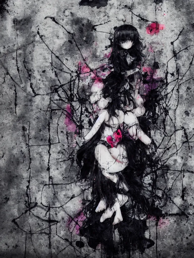 Image similar to cute fumo plush gothic black enigmatic maiden girl painted in spilt ink and washed watercolor, avant garde pop art, graffiti in an abandoned overgrown warehouse, vray