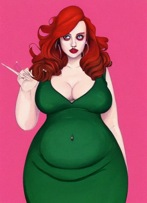 Image similar to full body portrait of teenage cheryl blossom, obese, bangs, green eyes, sultry, realistic, red hair, sultry smirk, wavy hair, pink skirt, fat, intricate, elegant, glowing lights, highly detailed, digital painting, artstation, concept art, smooth, sharp focus, illustration, art by wlop, mars ravelo and greg rutkowski