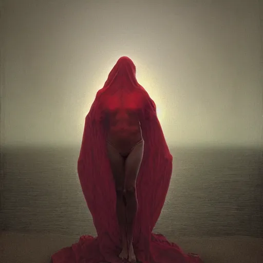 Image similar to portrait, shore of the lake, woman, wrapped around by veins, veiled, glowing red, by edgar maxence and ross tran, zdzisław beksinski, and michael whelan, distant, gustav dore, h. r. giger, 8 k, octane render