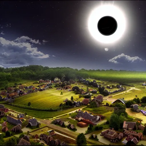 Prompt: dark solar eclipse, above a village, highly detailed, studio 4 k quality, by constable john