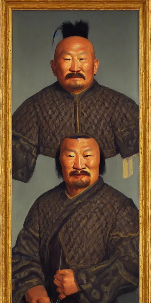 Image similar to a stunning and noble highly detailed portrait of genghis khan by edward hopper, trending on artstation, oil painting masterpiece, symmetry, mysterious, very very very aesthetic