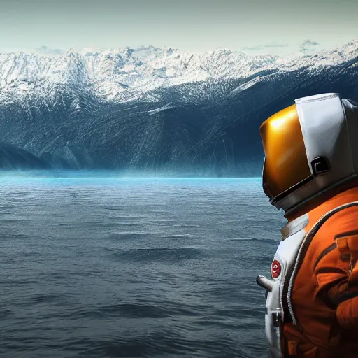 Image similar to ultra-realistic octane render of astronaut standing in the water of Lake Baikal and looking at the mountains. Trending on artstation