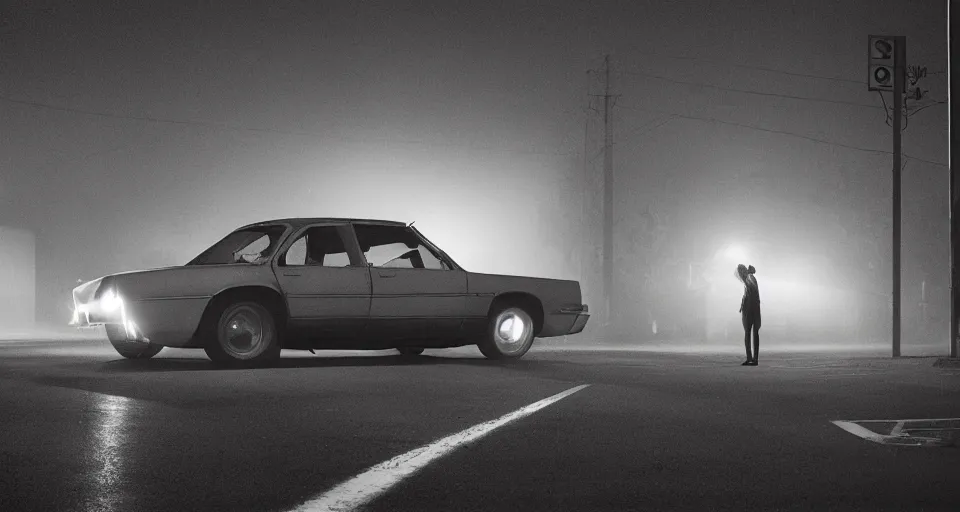 Image similar to a photograph of a car at an intersection with a person standing in its headlights by Gregory Crewdson