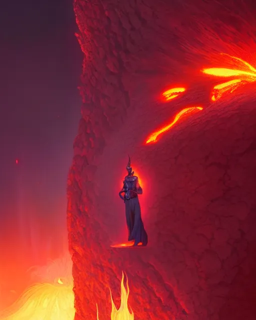 Image similar to highly detailed surreal vfx portrait of a futuristic fire mage in a volcano with lava, stephen bliss, unreal engine, greg rutkowski, loish, rhads, beeple, makoto shinkai and lois van baarle, ilya kuvshinov, rossdraws, tom bagshaw, alphonse mucha, global illumination, detailed and intricate environment