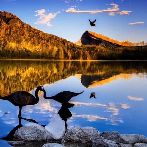 Image similar to photo of two black swans touching heads in a beautiful reflective mountain lake, a colorful hot air balloon is flying above reflecting off water, hot air balloon, intricate, 8k highly professionally detailed, centered, HDR, CGsociety